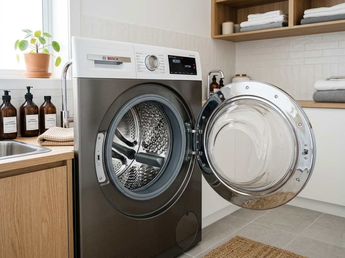 Front load washer with open chrome door showing clean rubber seal