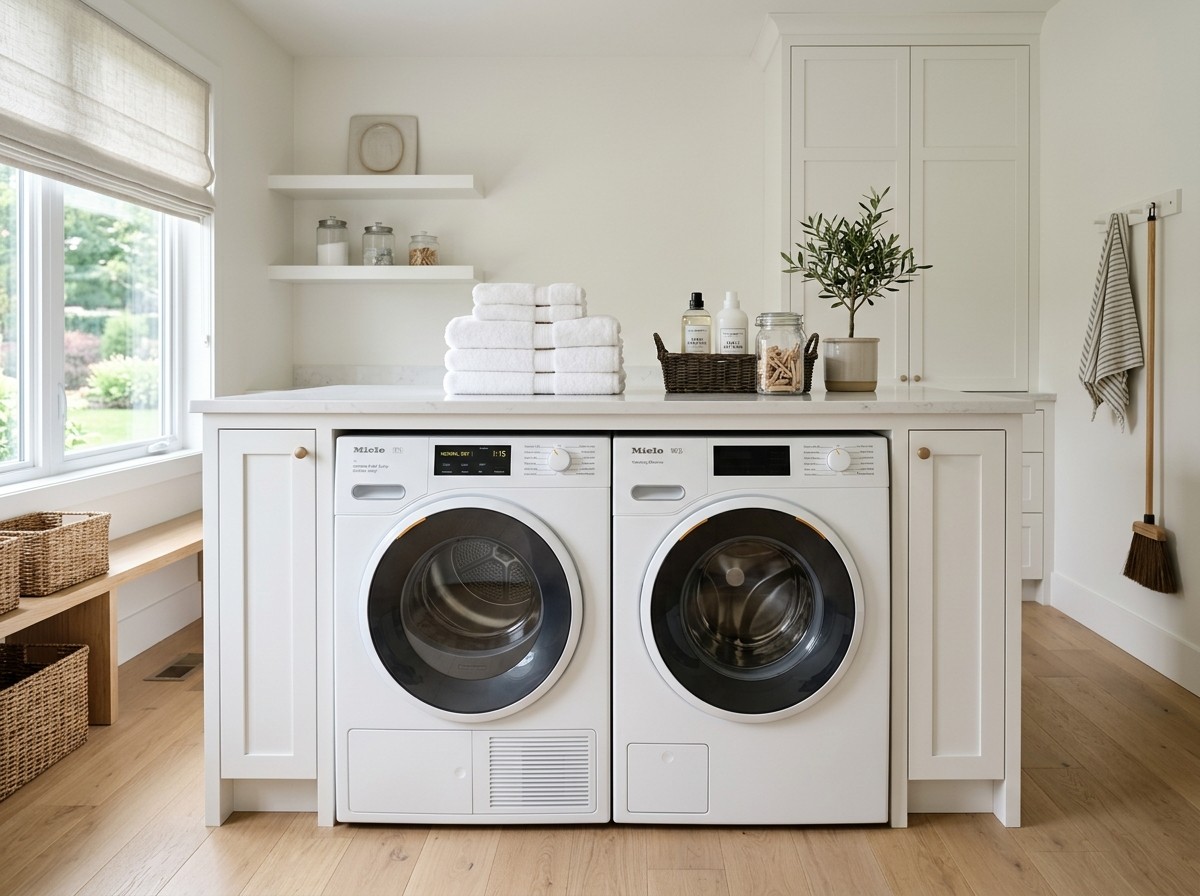 Modern ventless heat pump dryer next to matching washer