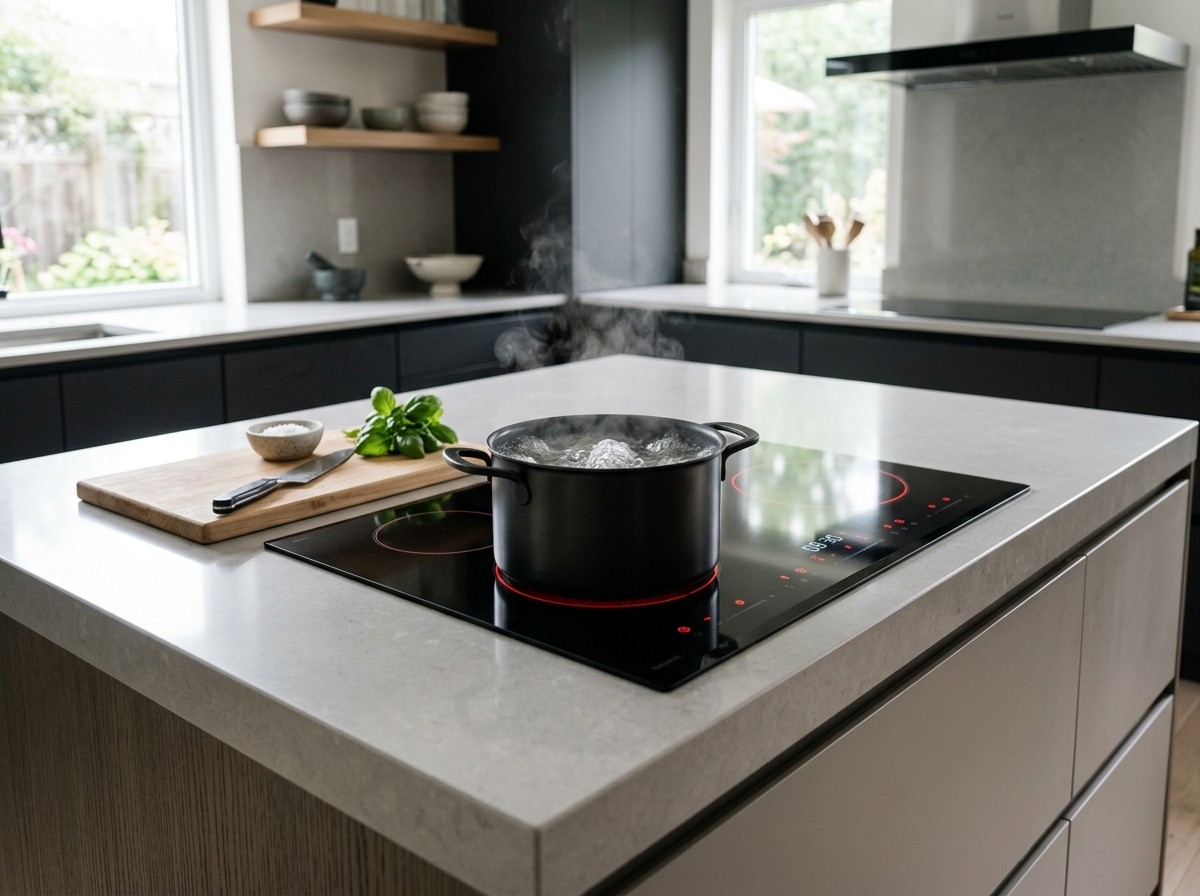 Sleek black glass induction cooktop with boiling pot on modern kitchen island
