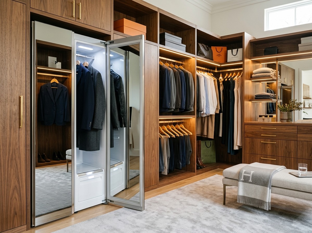 Standing steam closet appliance with open mirror door in luxury closet