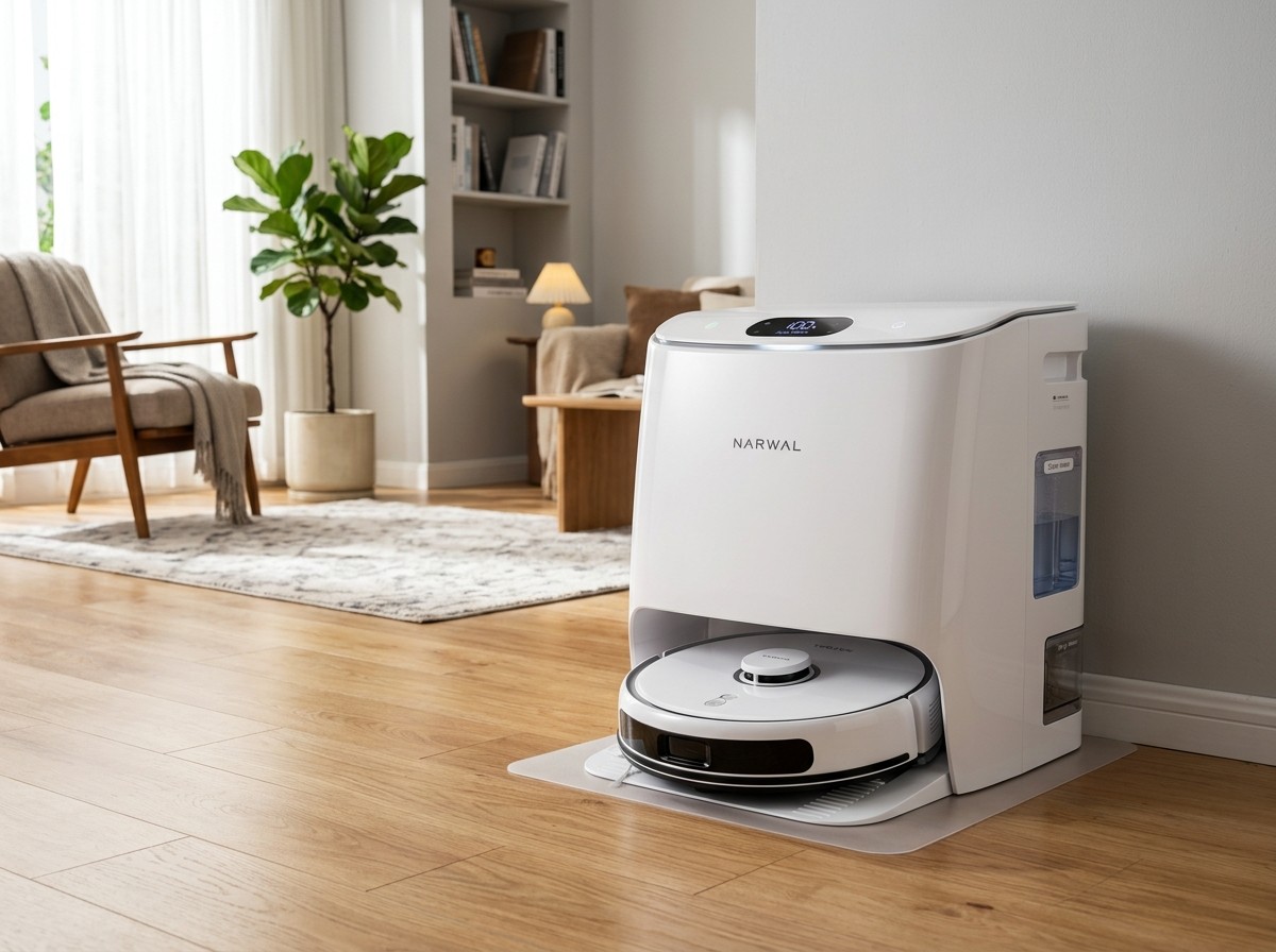 Modern flagship robot vacuum docked in all in one self cleaning base station
