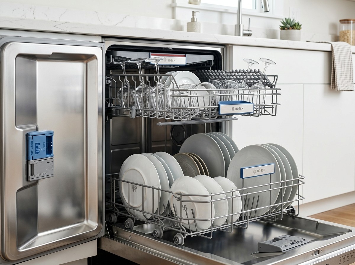 Open dishwasher with clean dishes in stainless steel interior