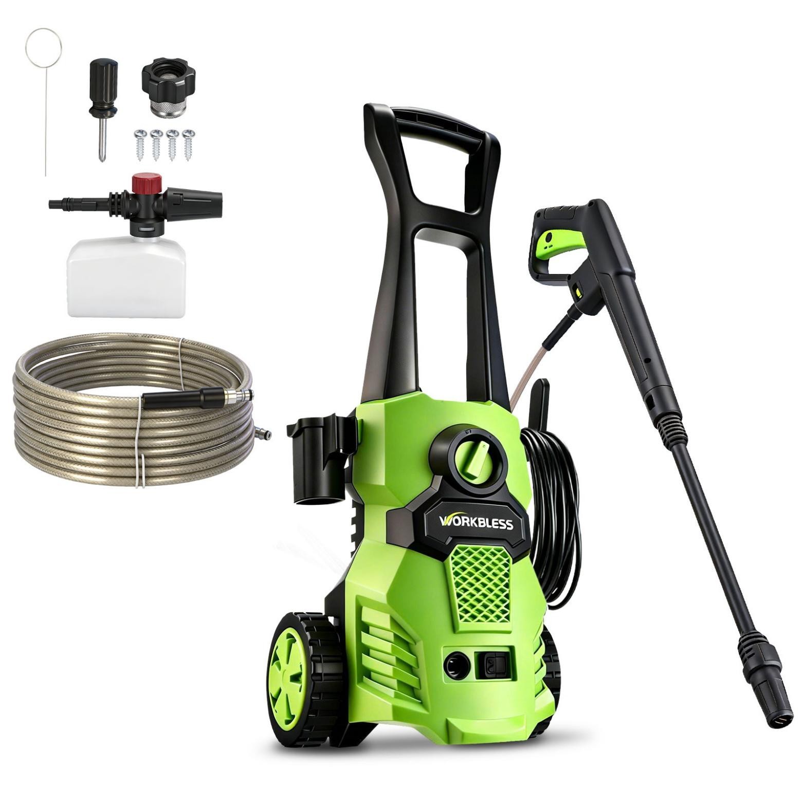 Recalled green and black Workbless electric pressure washer with hose, spray gun, foam bottle, and fittings