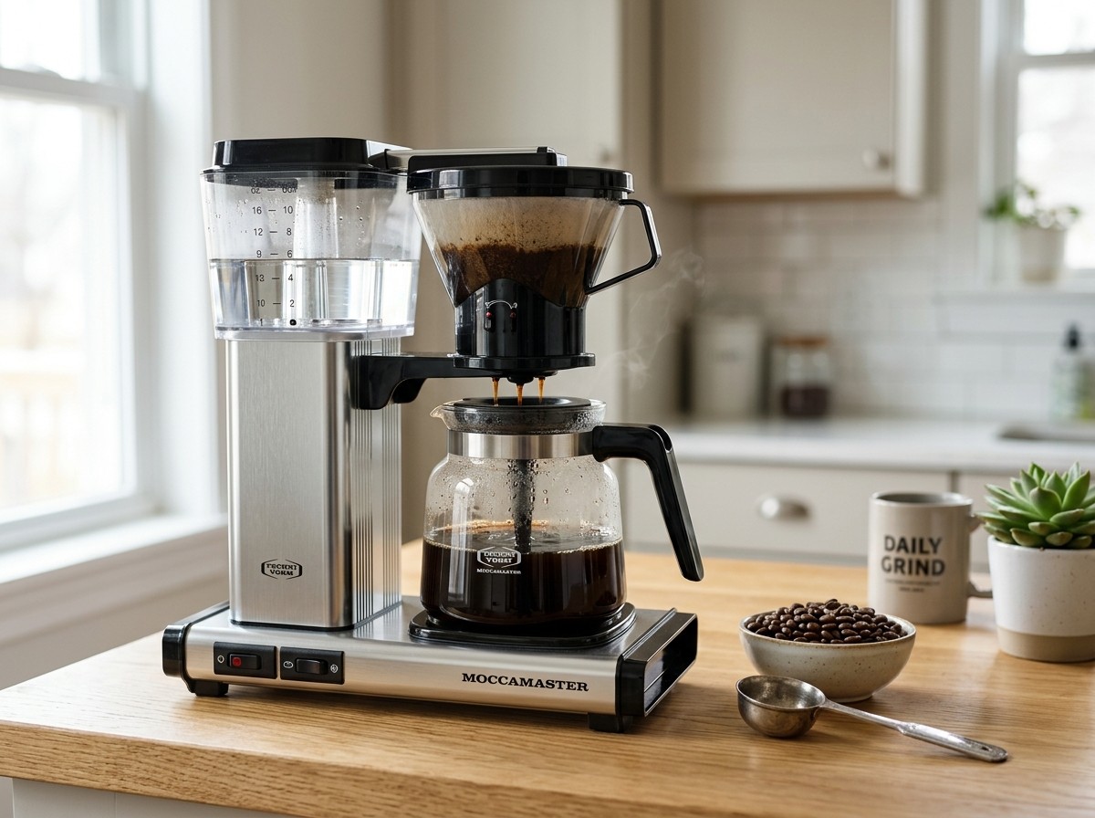 Stainless steel coffee maker brewing into glass carafe on kitchen counter