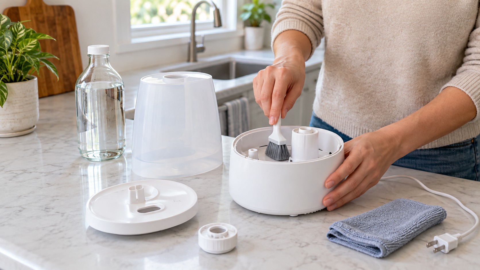 Hands cleaning an unplugged portable humidifier with a soft brush beside distilled water and a microfiber cloth