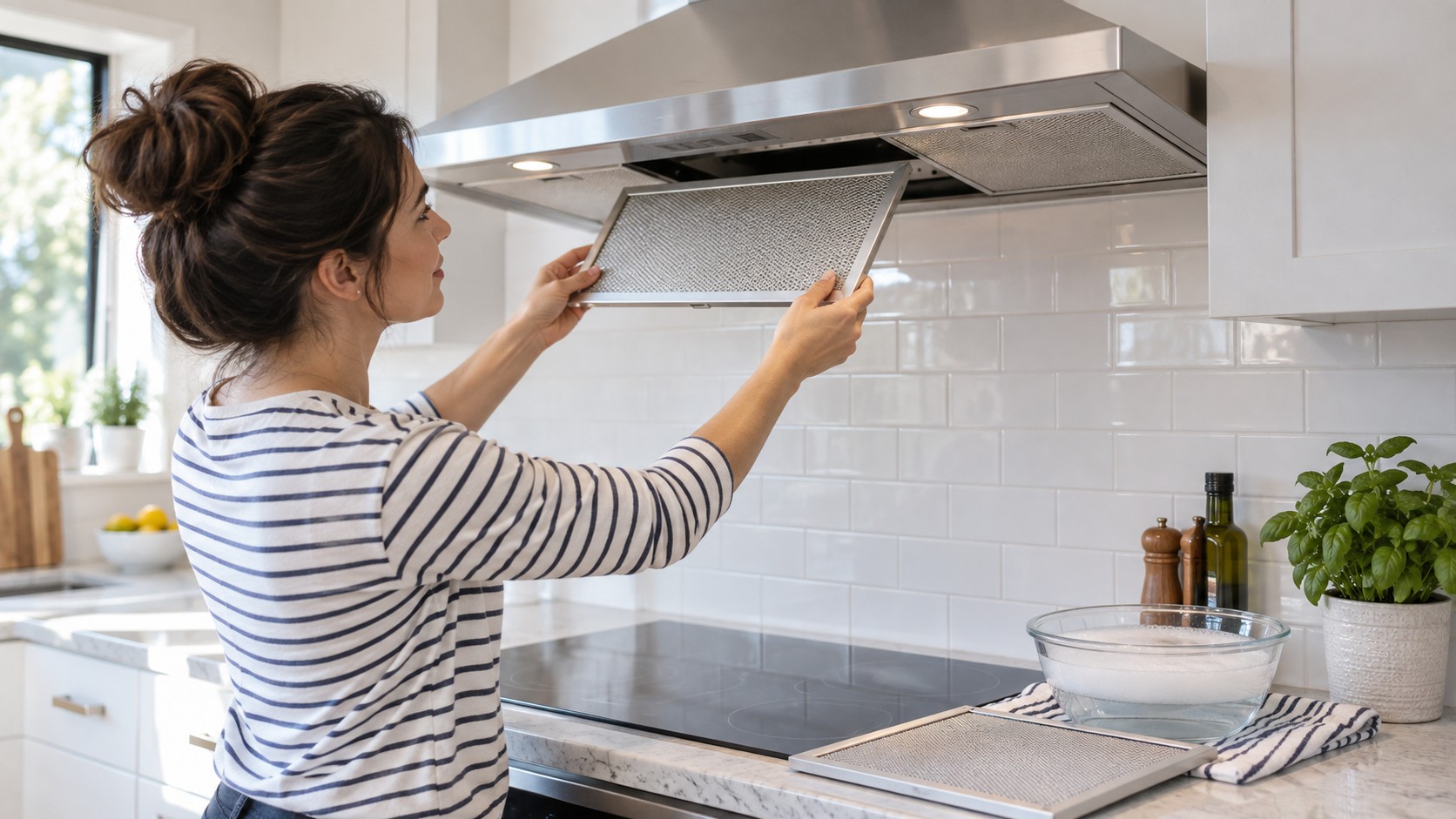 Person removing a metal mesh grease filter from a cool generic range hood for cleaning