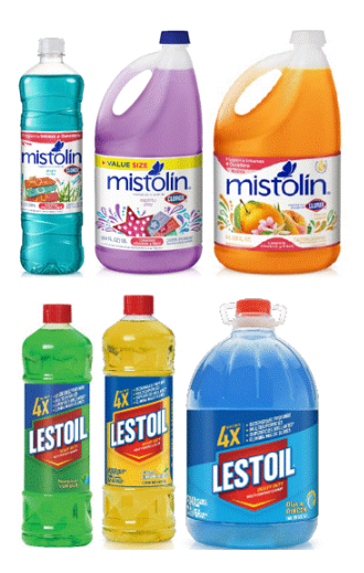 Assorted recalled Mistolin and Lestoil scented cleaner bottles