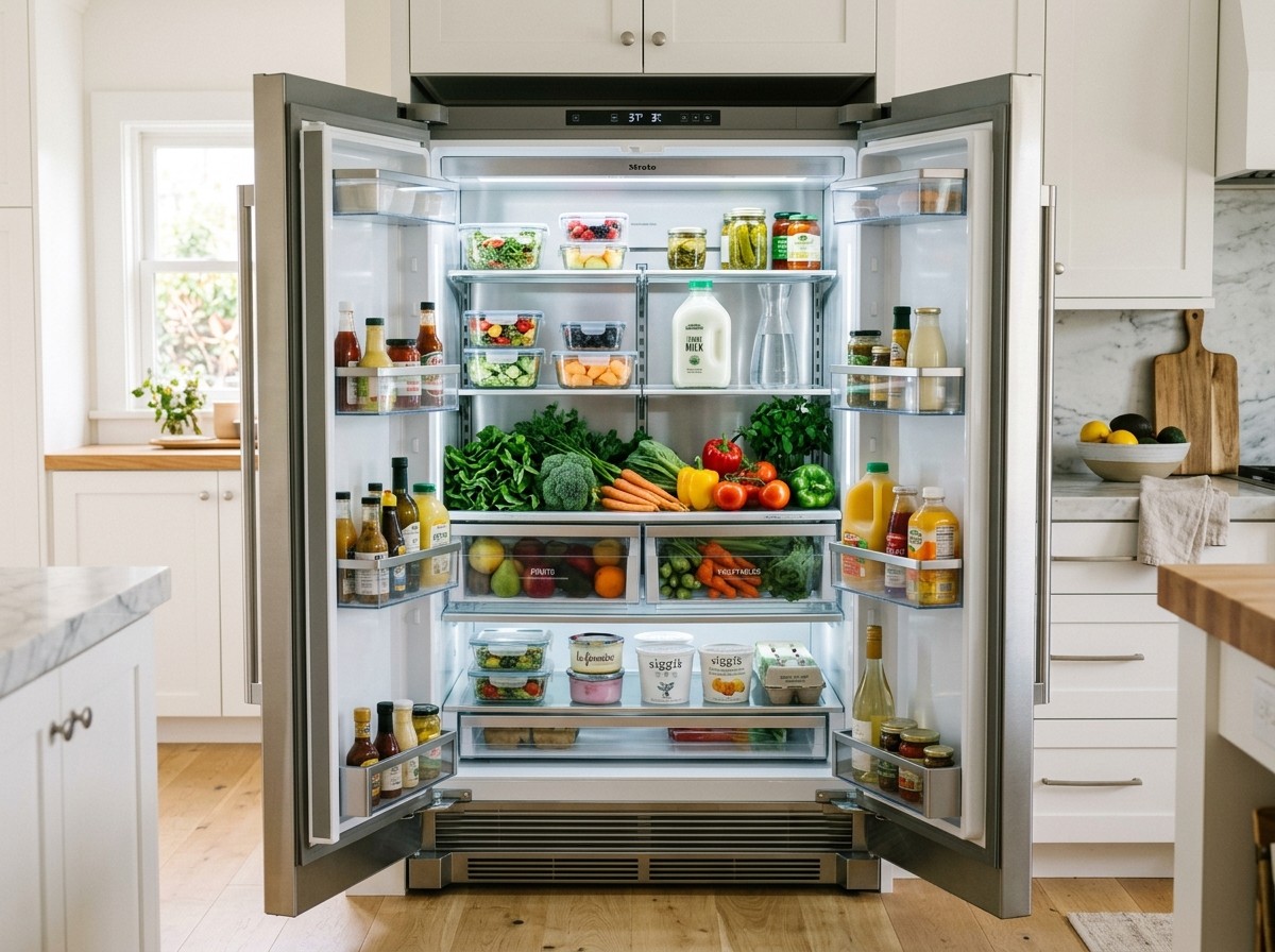 Open French door refrigerator with clean shelves and organized produce
