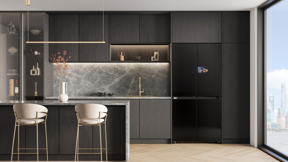 Samsung Family Hub refrigerator in a modern kitchen, illustrating the 2026 Tizen 10 appliance update