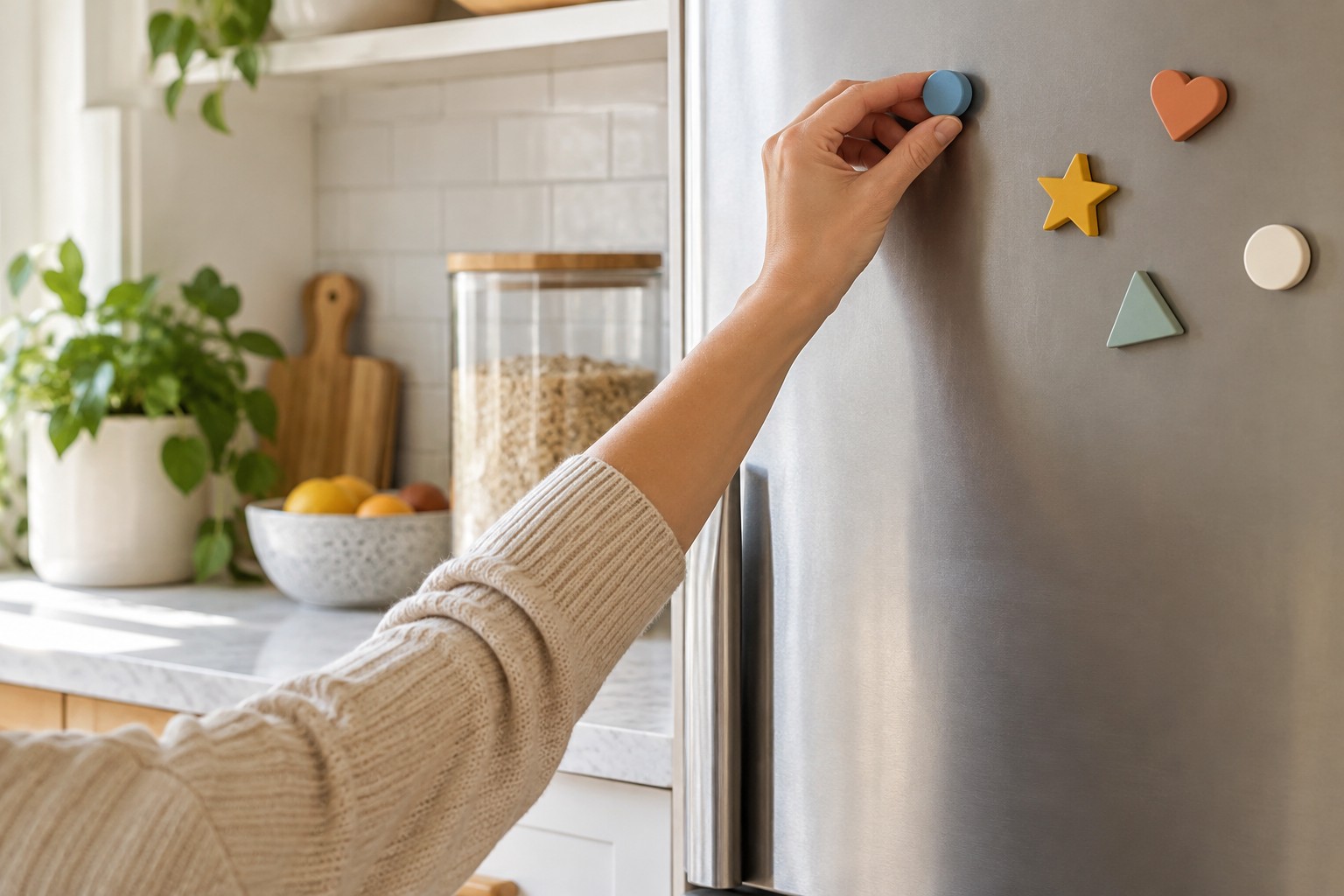 Adult moving generic decorative magnets higher on a refrigerator as a child-safety precaution