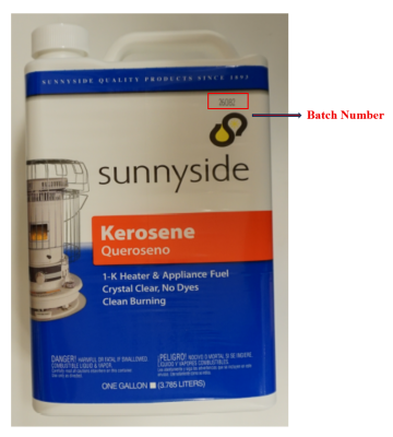 Front of the recalled Sunnyside one-gallon 1-K kerosene container with batch number 26082 highlighted