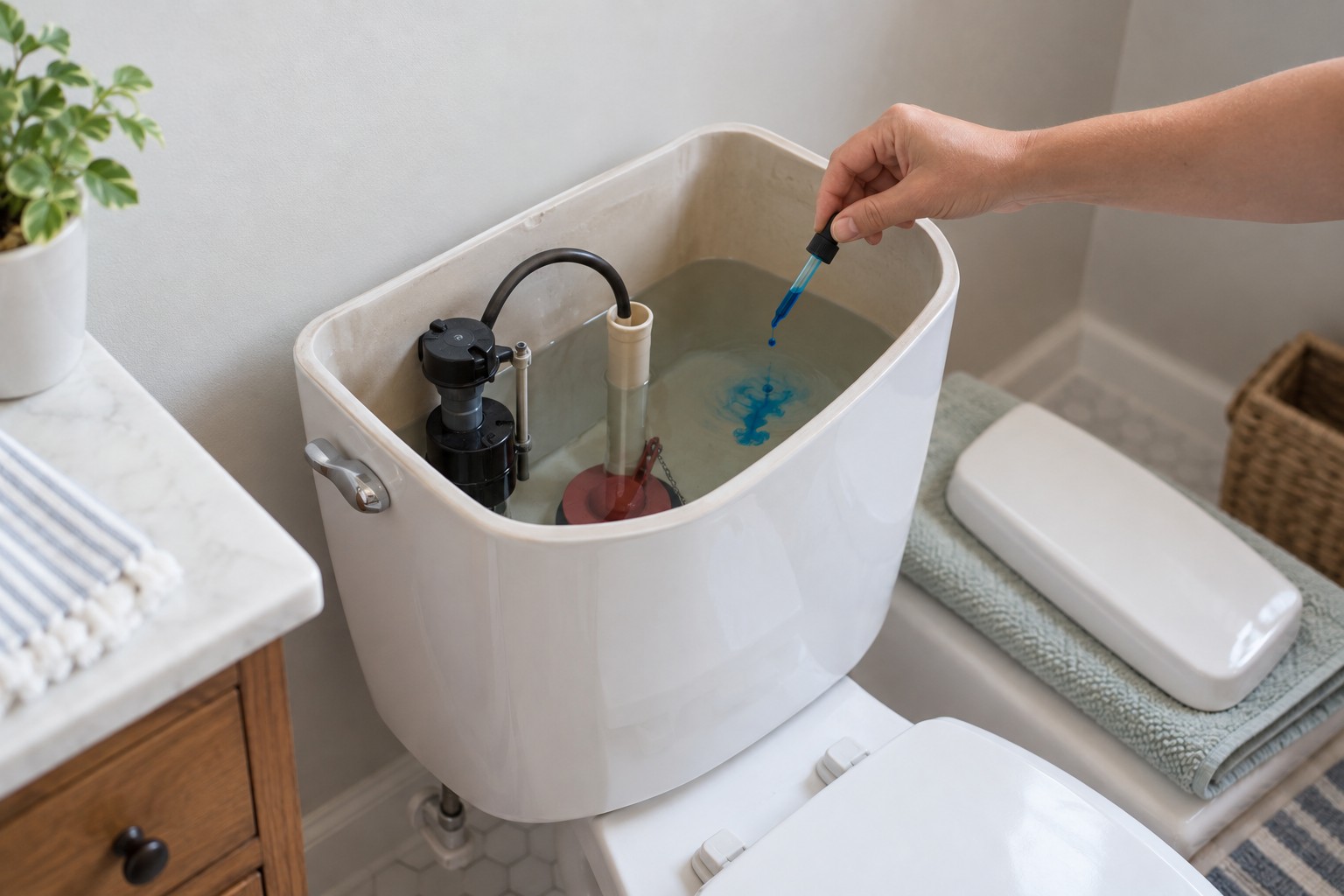 Adult adding blue dye to an open toilet tank to test the flapper seal for a silent leak