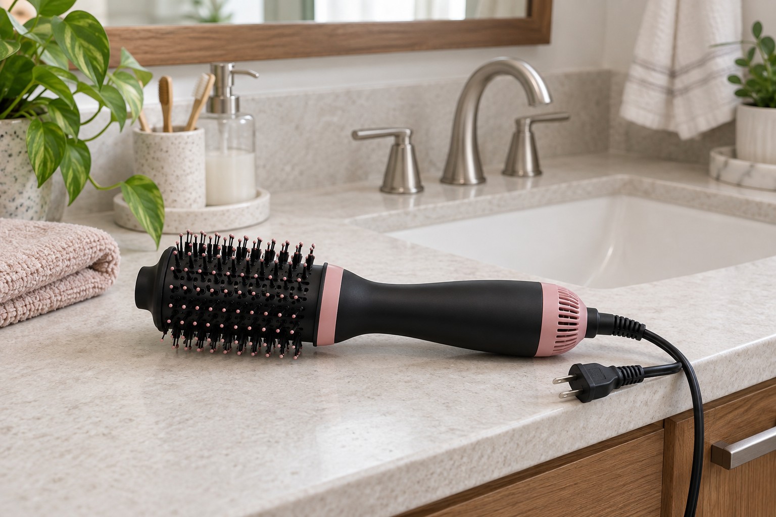 Generic unplugged hot-air hair dryer brush resting on a dry bathroom counter away from the sink