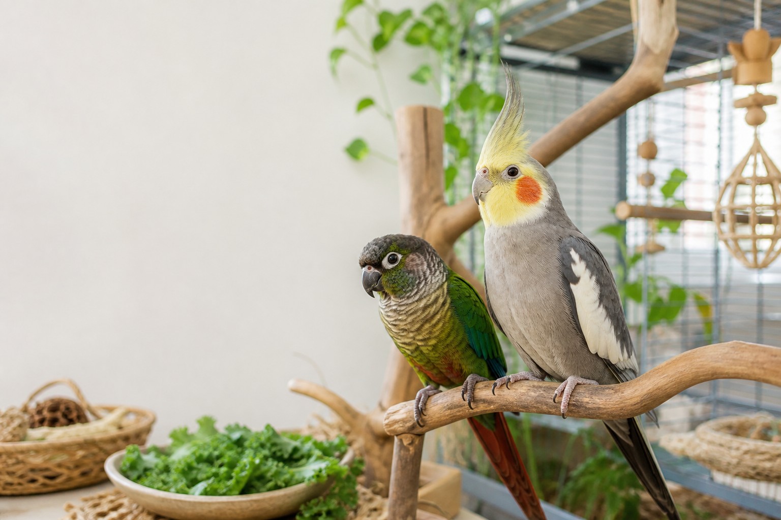 A cockatiel perched beside a bowl of leafy greens and measured pellets