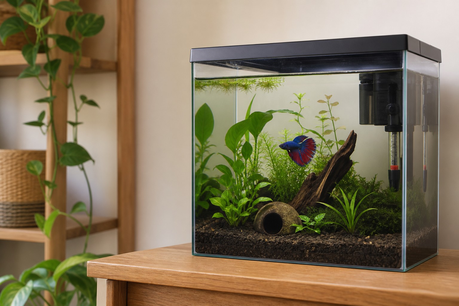 A betta fish swimming in a planted aquarium with a heater and gentle filter