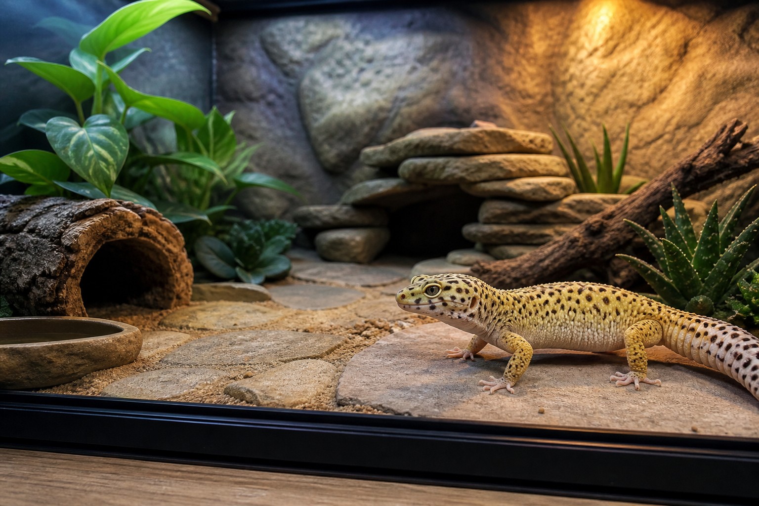 A bearded dragon basking beneath a protected UVB and heat lighting setup