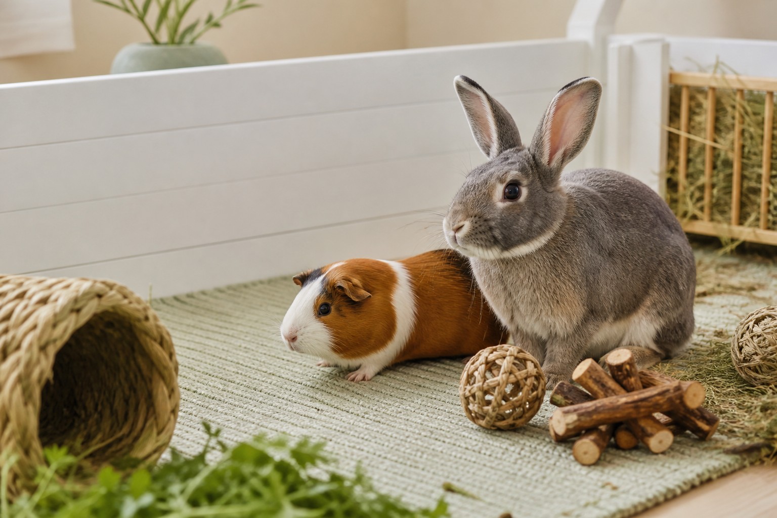 Two guinea pigs exploring a hay-filled enclosure with leafy greens